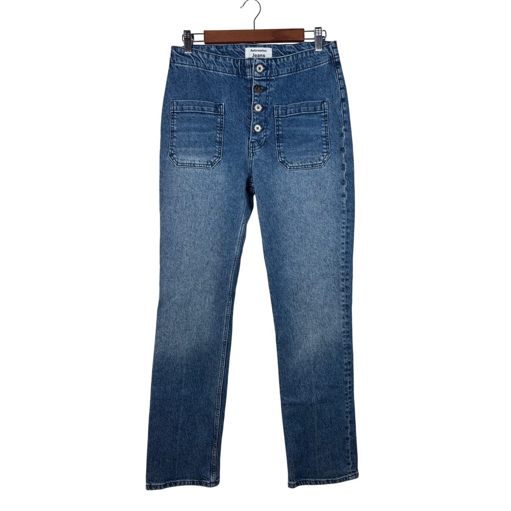 Reformation Jeans Size 29 Inari Blue High Rise Patch Pocket Button Fly Straight